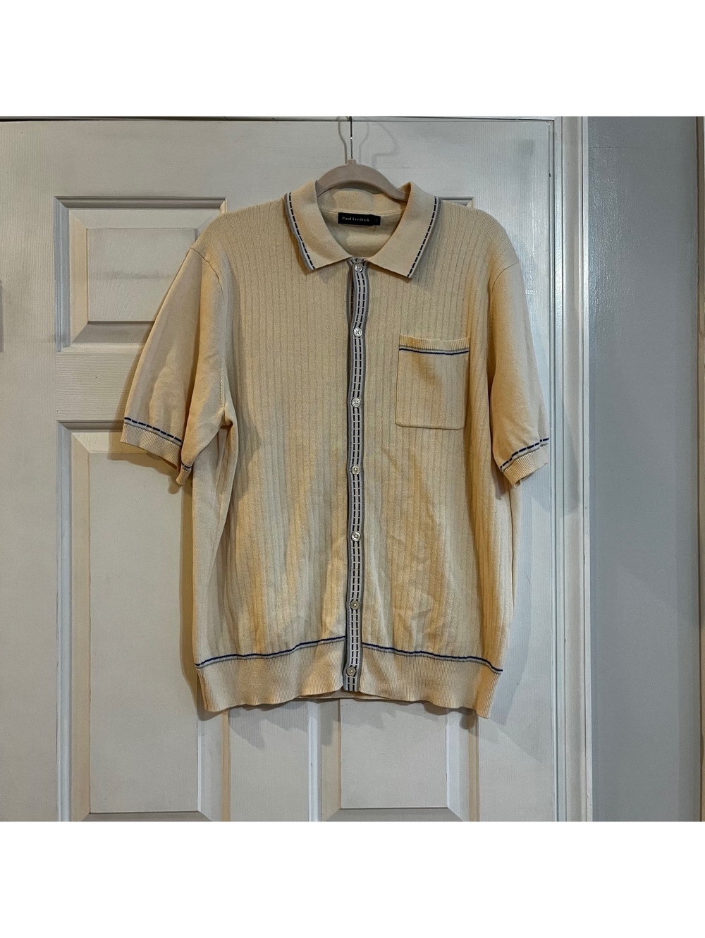 Paul Fredrick Cream Cotton Short Sleeve Button-Up Sweater Shirt L